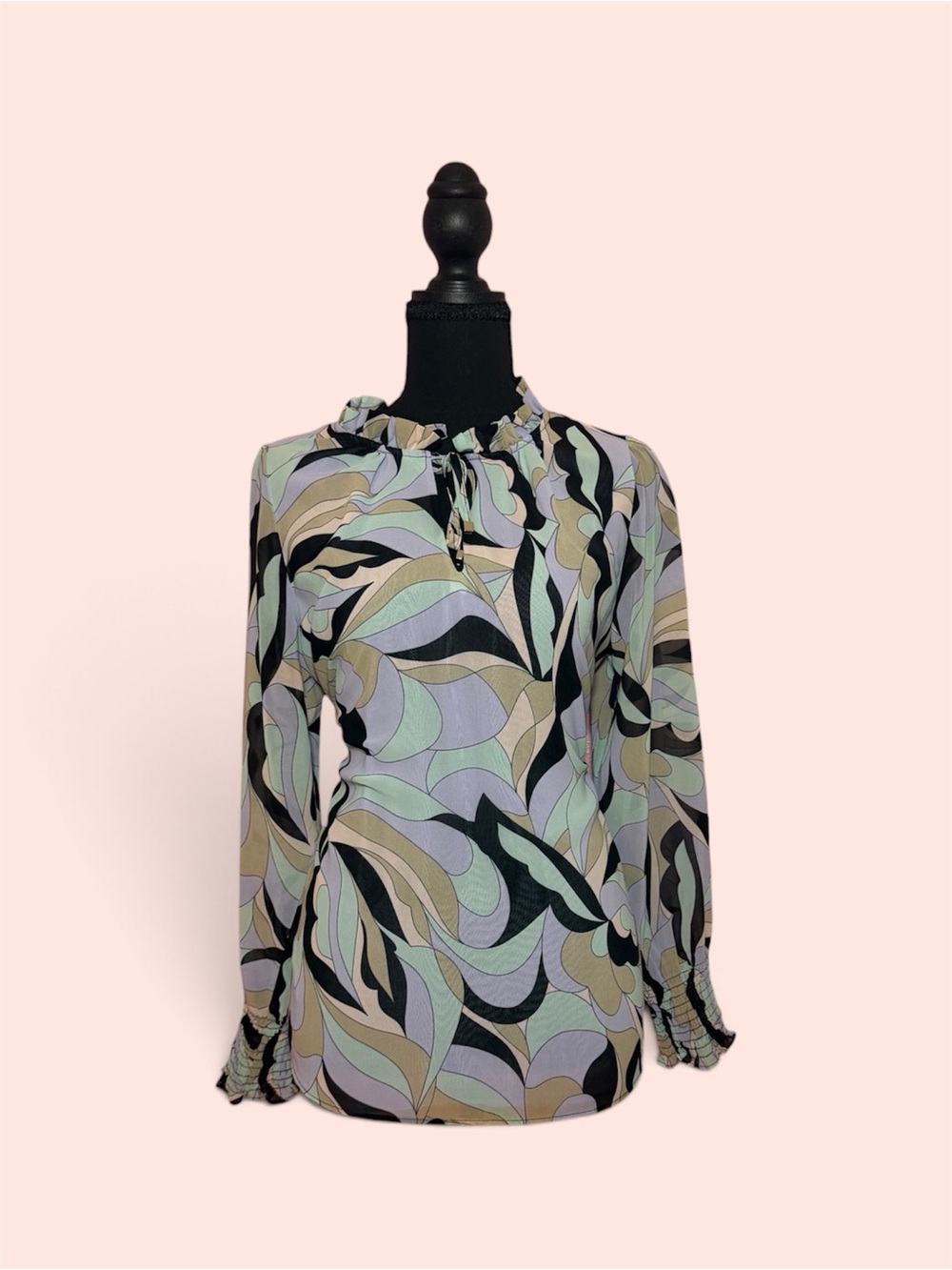Abstract Print Long-Sleeve Blouse in Pastel Green and Black